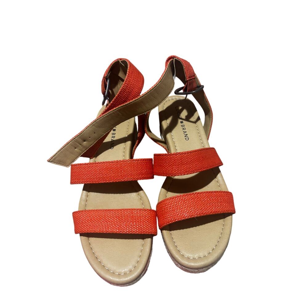 Lucky brand 8 mango orange linen like ankle straps 1/2” wedge heel worn once